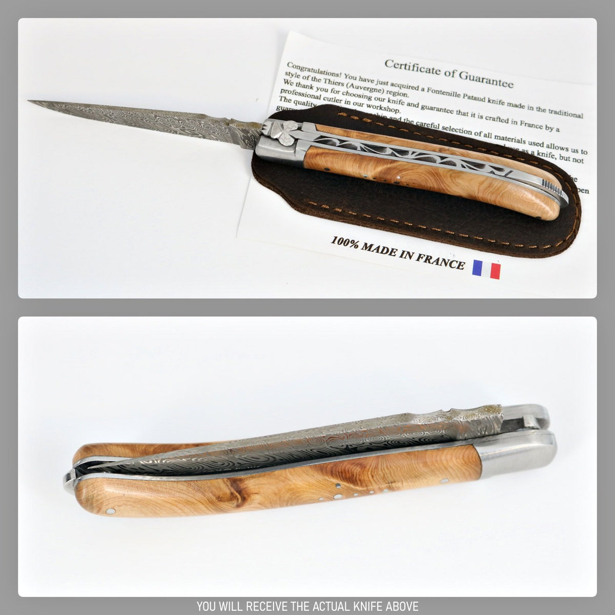 Laguiole XS Damascus Pocket Knife Juniper Handle #2-POCKET KNIFE