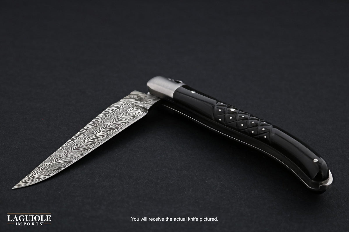 Laguiole XS Damascus Pocket Knife Studded Black Horn Tip Handle-POCKET KNIFE