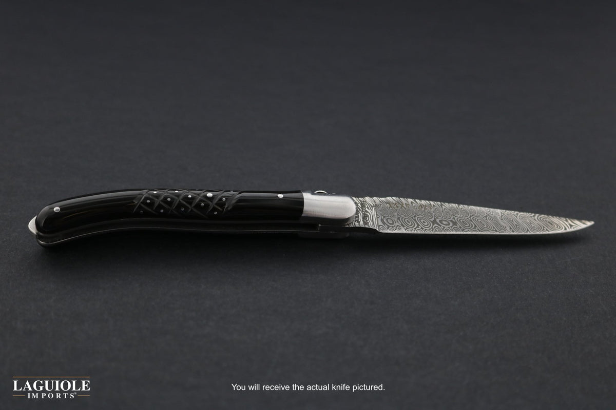 Laguiole XS Damascus Pocket Knife Studded Black Horn Tip Handle-POCKET KNIFE