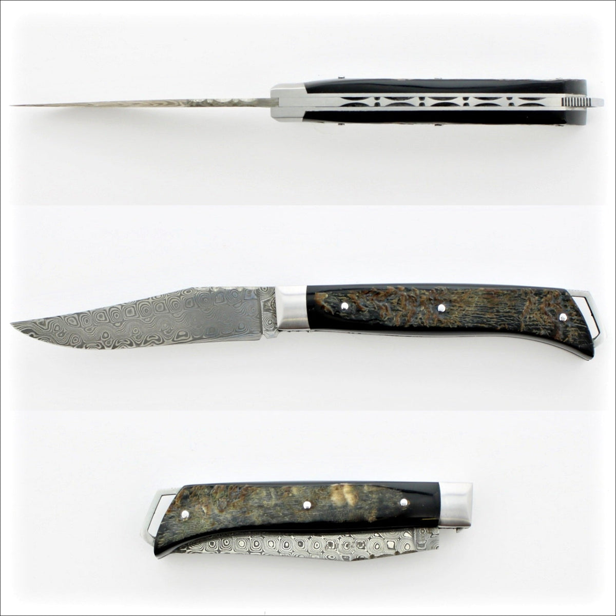 Le Saint-Bernard Pocket Knife - Damascus Blade Buffalo Bark