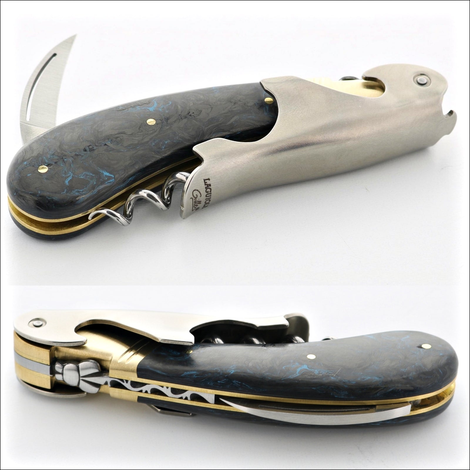 Laguiole Magnum Cold Brass Corkscrew Blue Dark Matter